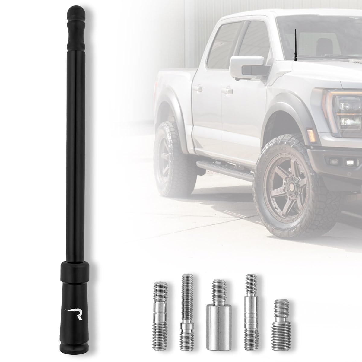 8" RECON Aluminum Antenna Mast Style (Fits OEM Factory Threaded Antenna) Truck Antenna - Multiple Color Options (Black, Chrome, Red, White, Blue) (Black)