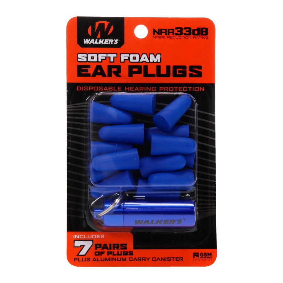 7 Pairs Walker's Neon Yellow Foam Ear Plugs with Orange Aluminum Canister, Blue