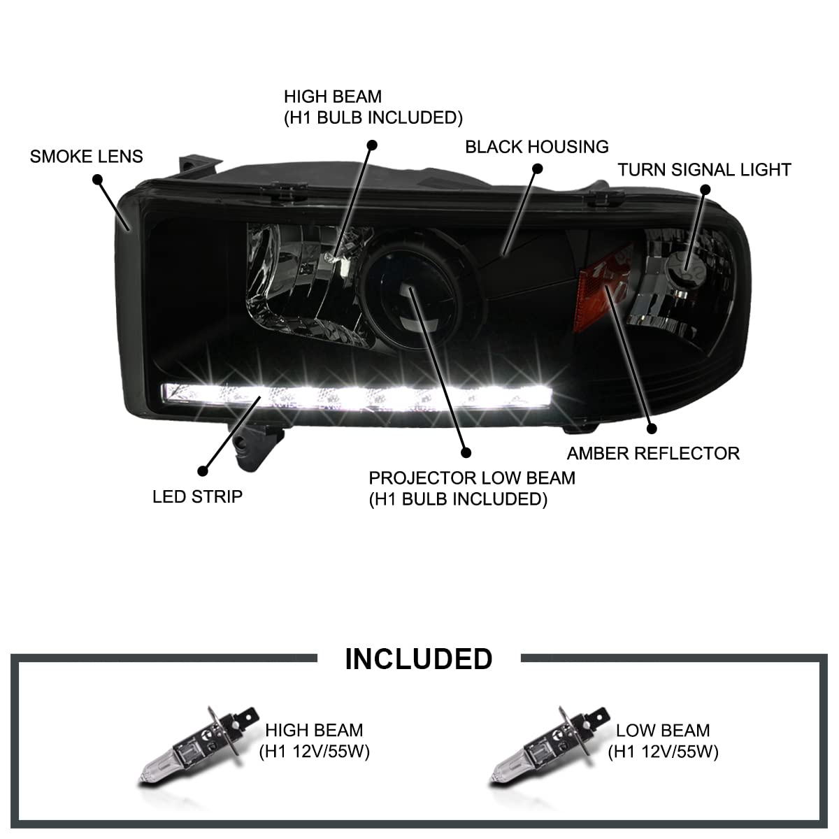 Black Smoke SPEC-D TUNING Projector Headlights w/LEDs Compatible with 1994-2001 Dodge Ram 1500, 1994-2002 Dodge Ram 2500/3500, Left + Right Pair Headlamps Assembly