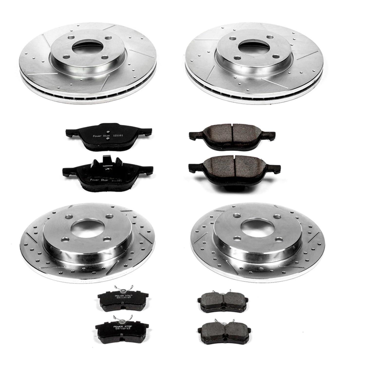 Power Stop K1378 Z23 Carbon Fiber Brake Pads Front and Rear with Drilled & Slotted Brake Rotors Kit For Ford Focus 2005-2007 [Model Specific]