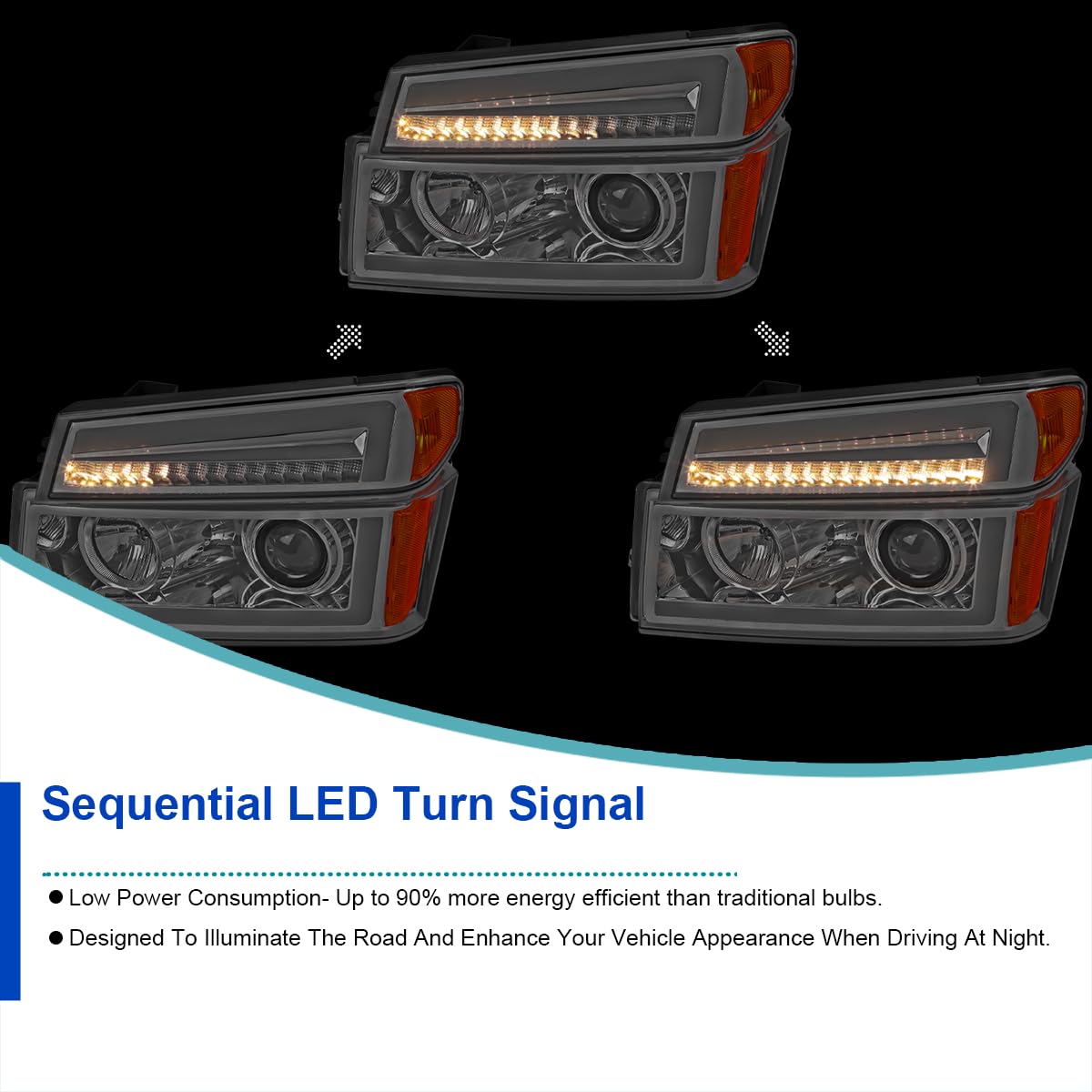 Chrome Projector Headlights SPEC-D TUNING with Sequential LED Turn Signal Light Compatible with 2004-2012 Chevy Colorado, Left + Right Pair Headlamps Assembly