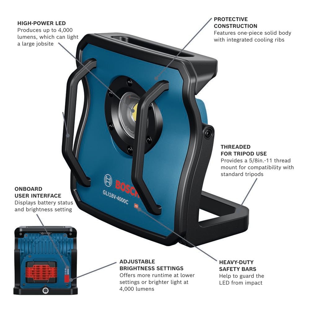 18V BOSCH GLI18V-4000CN Bluetooth LED Floodlight - 4,000 Lumens, Remote Control, Durable Metal Body, Adjustable Brightness & Long Runtime - Perfect for Job Sites & Outdoors (Bare Tool)