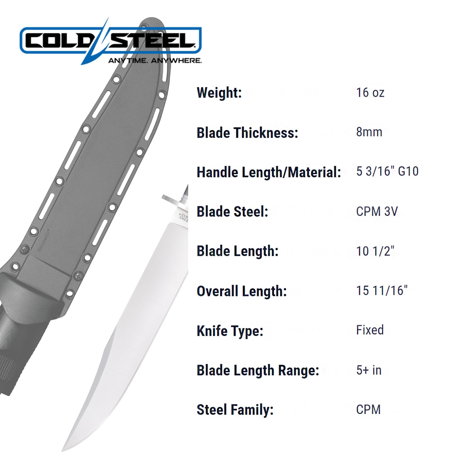 Laredo Bowie Cold Steel 10.5" CPM 3V Razor-Sharp Clip Point Blade 5.1875" G-10 Handle Tactical Fixed Blade Knife w/Secure-Ex Sheath