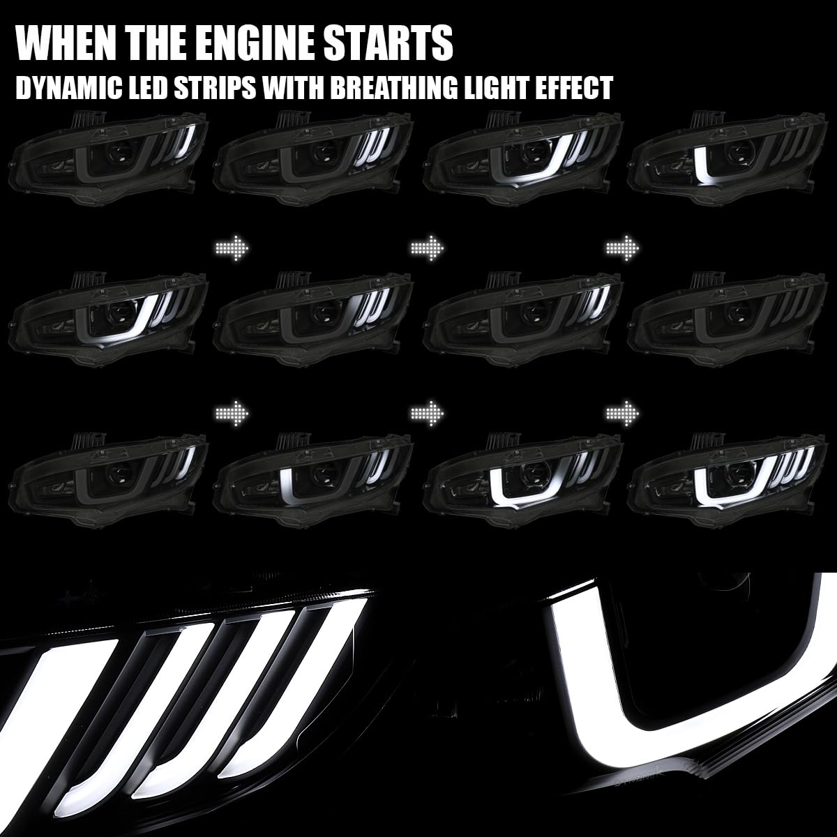 Black Smoke SPEC-D TUNING Full LED Projector Headlights w/Switchback and Sequential Turn Signals Compatible with 2016-2021 Honda Civic with Factory Halogen Headlight Models