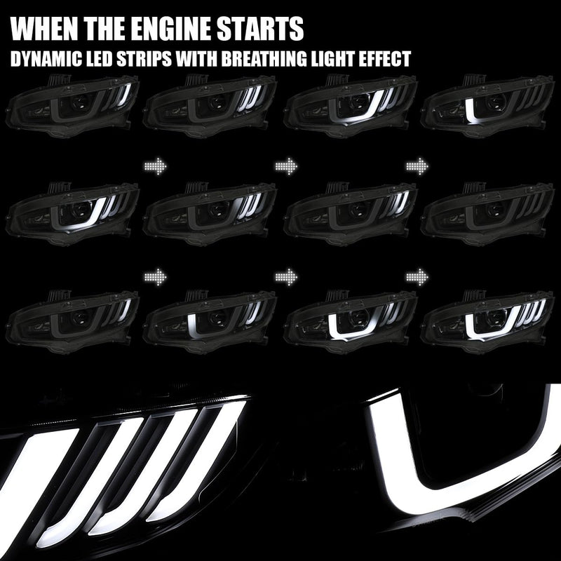 Black Smoke SPEC-D TUNING Full LED Projector Headlights w/Switchback and Sequential Turn Signals Compatible with 2016-2021 Honda Civic with Factory Halogen Headlight Models