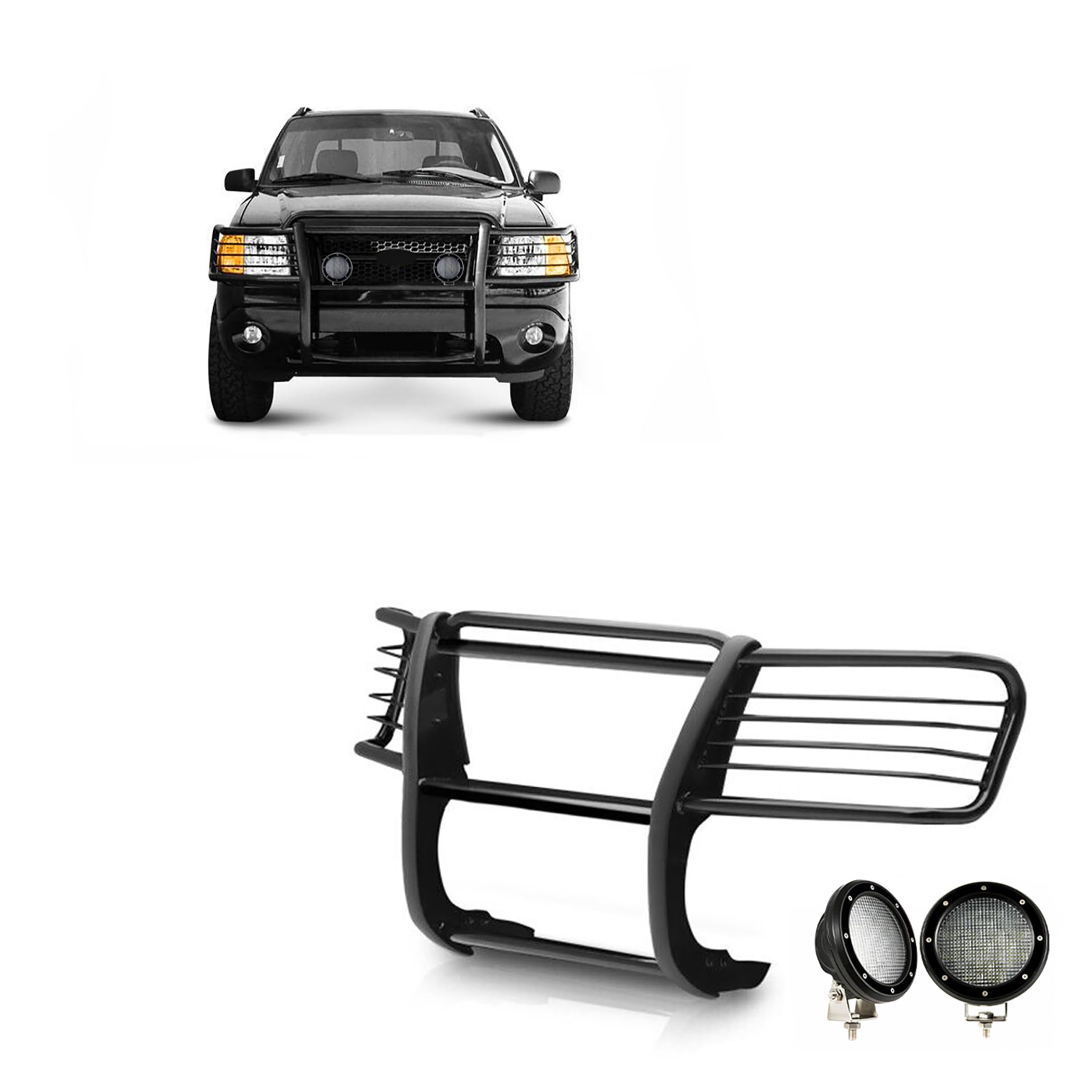Bumper Guard Modular Black Horse Grille brush Come with Pair of 5.3" Dia.LED Lights with Black Trim Rings Compatible with 2002-2005 Ford Explorer-17FJ26MA-PLFB