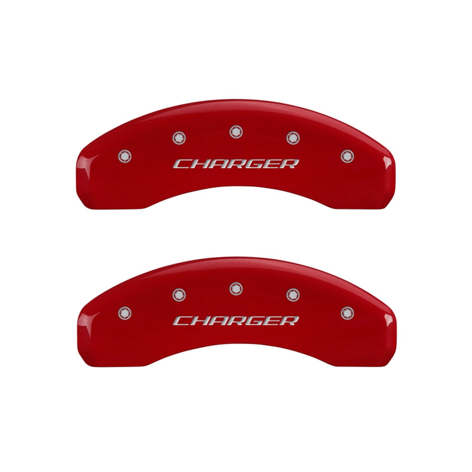 MGP Caliper Covers Red Powder Coat Finish 12088SCHBRD Front and Rear Caliper Cover, Set of 4 (Block/Charger Silver Characters, Engraved)