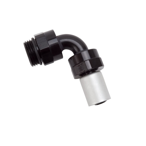 HOSE END CRIMP ON -8 HOSE TO #10 SAE PORT MALE 90 DEG SWIVEL BLK ANODIZED