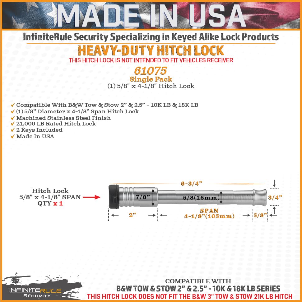 Hitch Lock for B&W 2" & 2.5" Tow and Stow 10K LB & 18K LB | Fits Adjustable Ball Mount Only - Does NOT FIT Vehicle Receiver