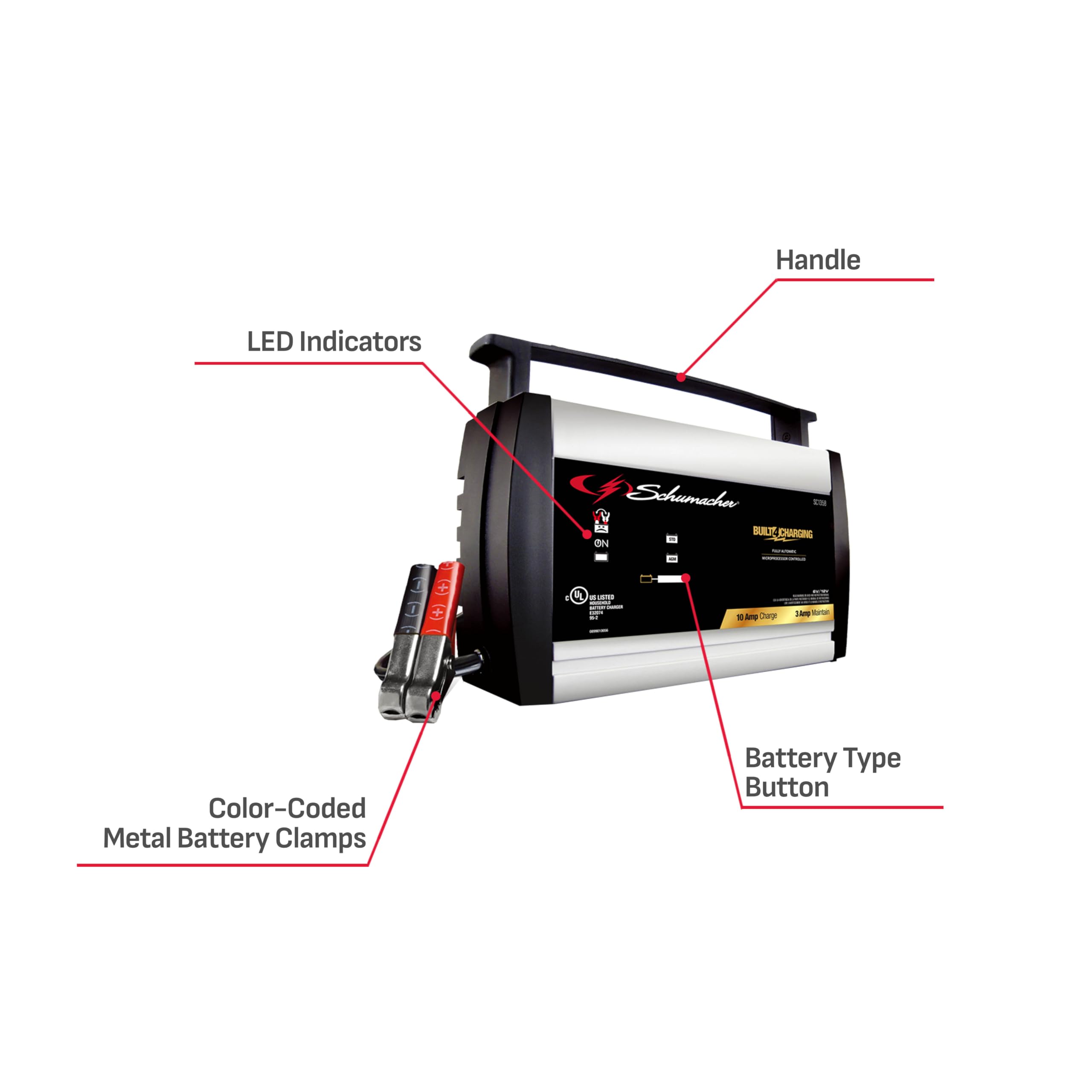 Schumacher Electric SC1358 Battery Charger and Maintainer, 3-in-1, Fully Automatic, 10 Amps, 6 Volt, 12 Volt, for Motorcycle, Lawn Tractor, Power Sport, Car, and Marine Batteries