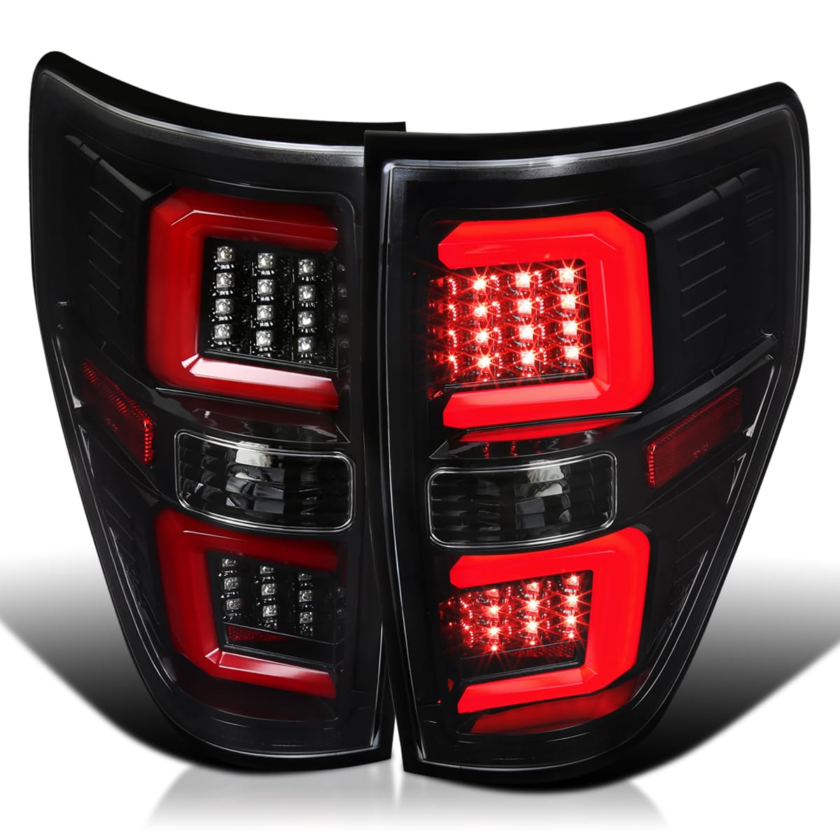 Jet Black SPEC-D TUNING Tail Lights w/Red LED Bar Compatible with 2009-2014 Ford F150, Left + Right Pair Assembly