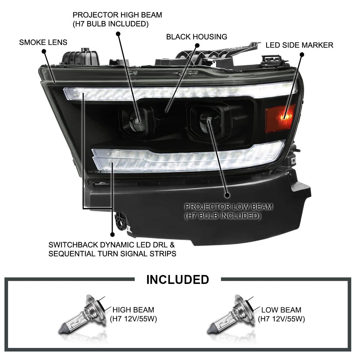 Black Smoke SPEC-D TUNING Projector Headlights w/Sequential LED Tube Signal and Startup Animation Compatible with 2019-2024 Ram 1500, Left + Right Pair Headlamps Assembly