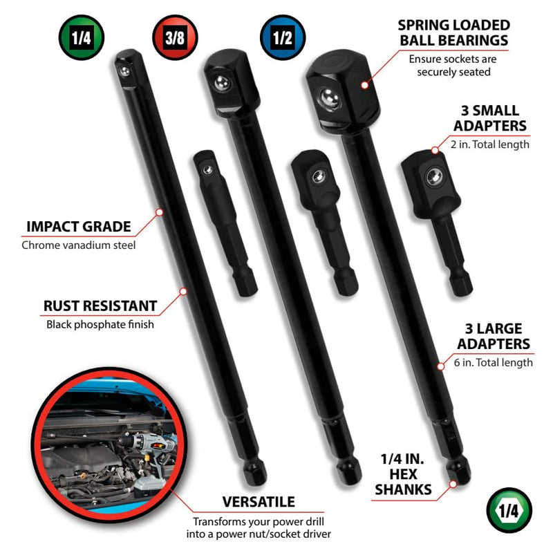 W9032 Performance Tool 2" and 6" Socket Adapter Set - 6 Pieces, Impact Grade Steel, Versatile Socket Compatibility