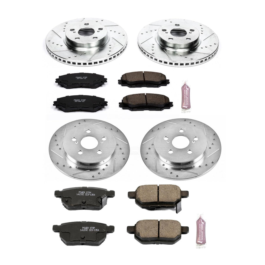 Power Stop K4140 Z23 Carbon-Fiber Brake Pads Front and Rear with Drilled and Slotted Brake Rotors Kit For 2009 2010 Vibe 1.8L 2WD | 2009 2010 2014-2019 Corolla | 2009-2013 Matrix 1.8L