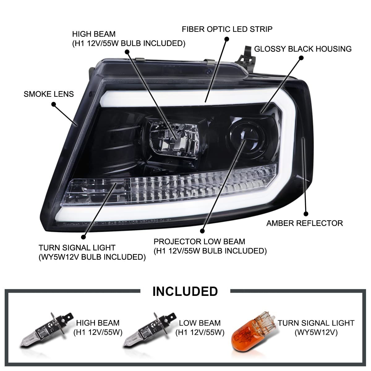 Black Smoke LED Tube Projector Headlights SPEC-D TUNING Compatible with 2004-2008 Ford F-150, 2006-2008 Lincoln Mark LT, Left + Right Pair Headlamps Assembly