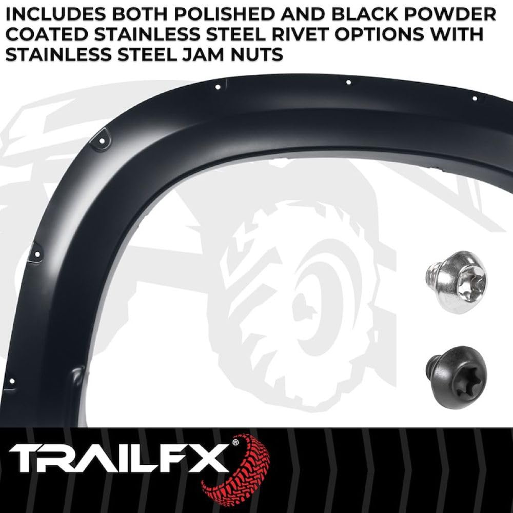TrailFX Pocket Style TFC3005S Fender Flares for Chevrolet Silverado 1500 2019-2025 Black Smooth Paintable Polypropylene Set of 4 with Stainless and Black Steel Rivets