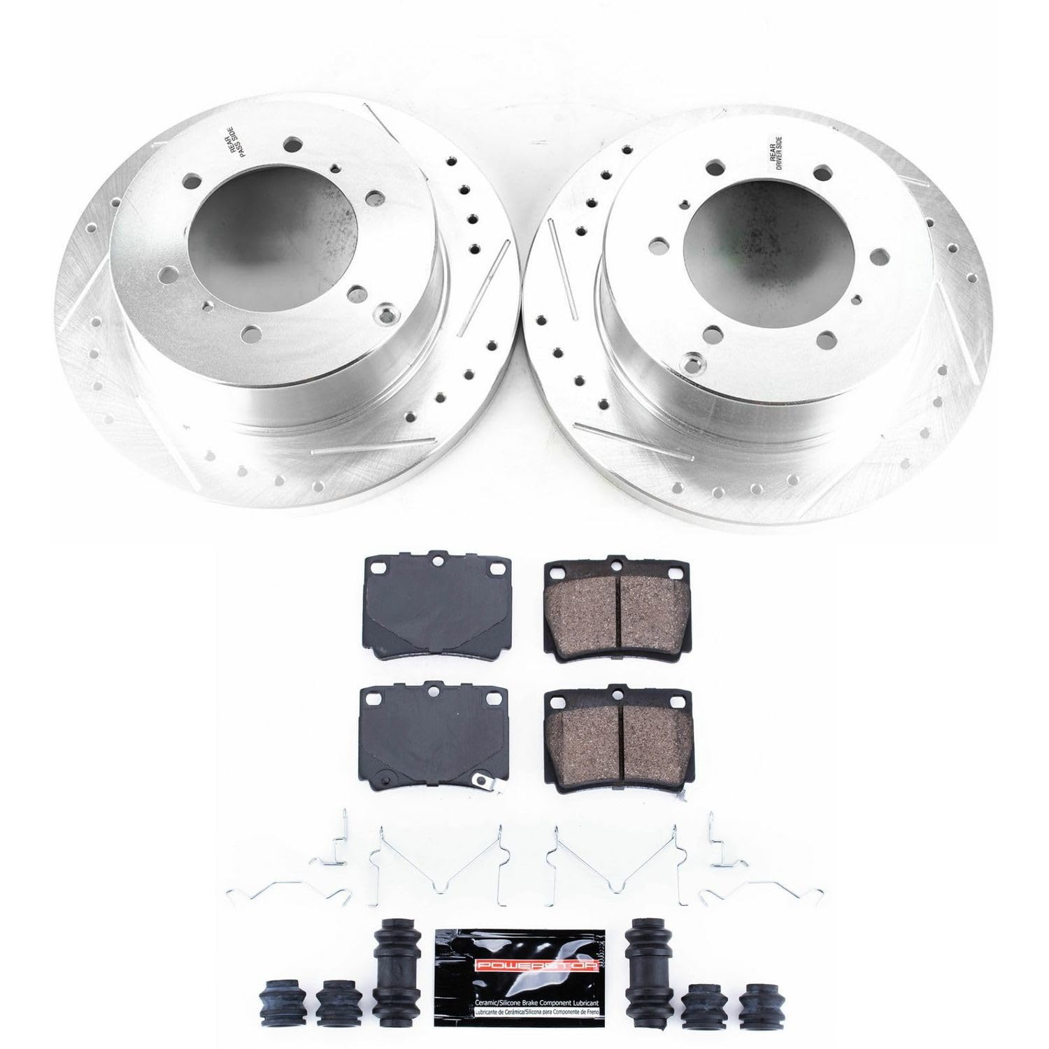 Power Stop K5160 Z23 Carbon Fiber Brake Pads Rear with Drilled & Slotted Brake Rotors Kit For Mitsubishi Montero Sport 1997-2004 [Model Specific]