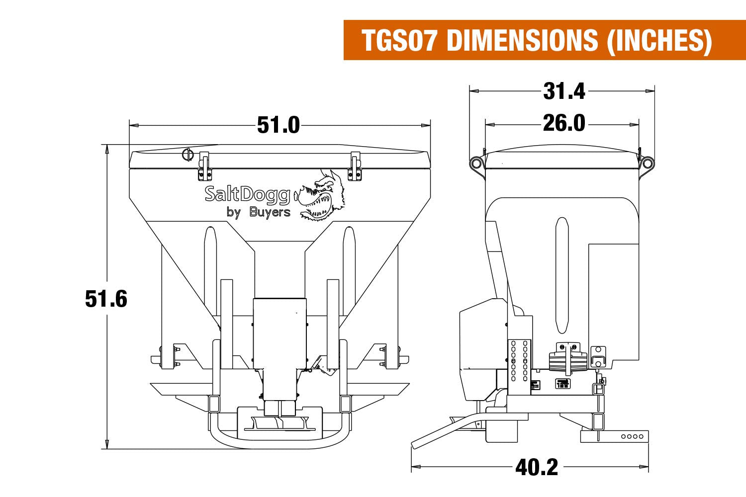 Buyers Products TGS07 Saltdogg Tailgate Salt Spreader, Made In The USA, 11 cu ft/825lb Capacity, Horizontal Auger Feed, Commerial Salt Spreader With Ground or Truck Bed Loading