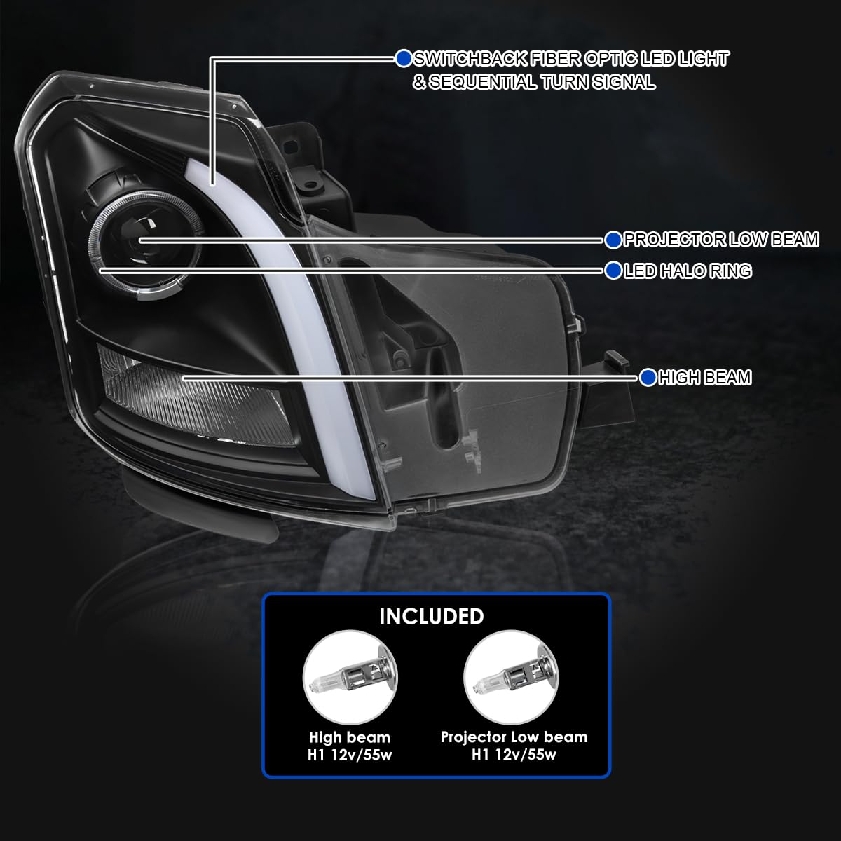 Halo Projector Headlights SPEC-D TUNING Black w/Switchback LED Signal Tube Compatible with 2003-2007 Cadillac CTS, Left + Right Pair Headlamps Assembly