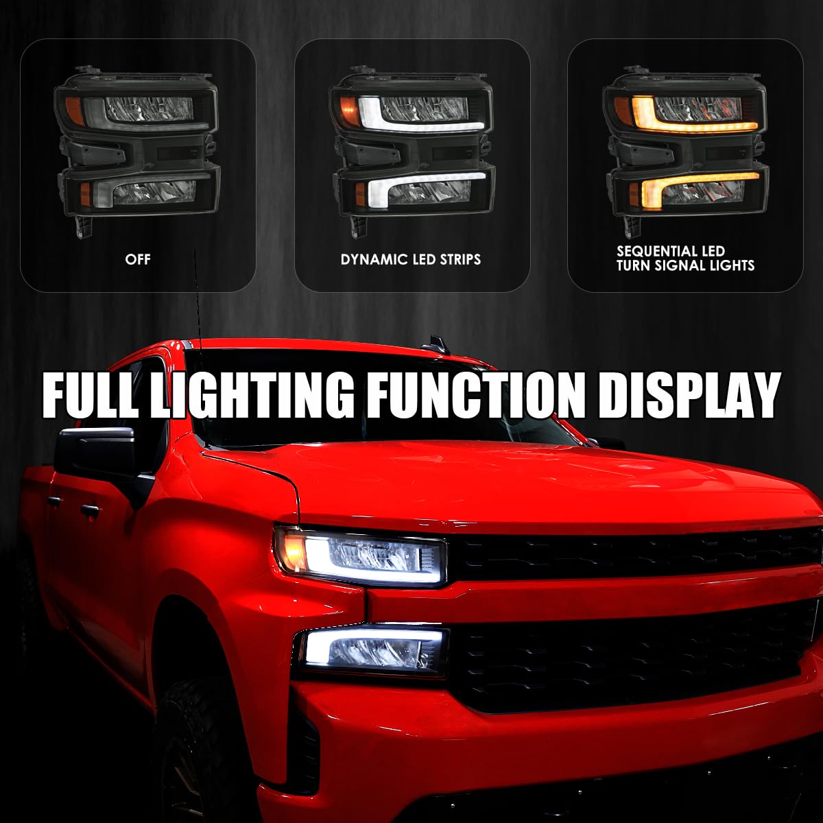 Black Smoke SPEC-D TUNING Full LED Strip Headlights w/Switchback Sequential Turn Signals and Startup Animation Compatible with 2019-2021 Chevy Silverado 1500, 2022 Chevy Silverado 1500 LTD