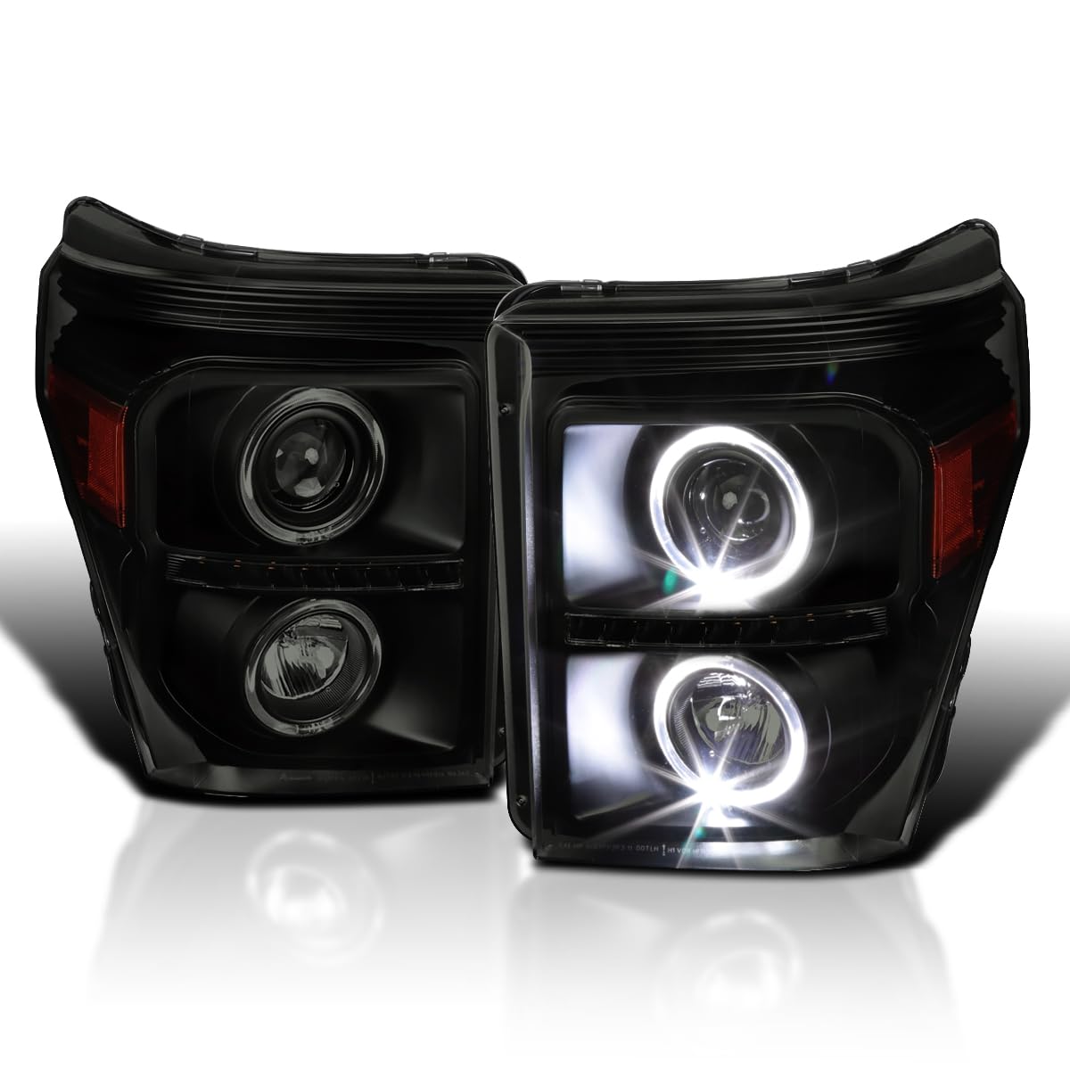 Black Smoke SPEC-D TUNING Halo Projector Headlights w/LED Compatible with 2011-2016 Ford F250/F350/F450/F550 Super Duty, Left + Right Pair Headlamps Assembly