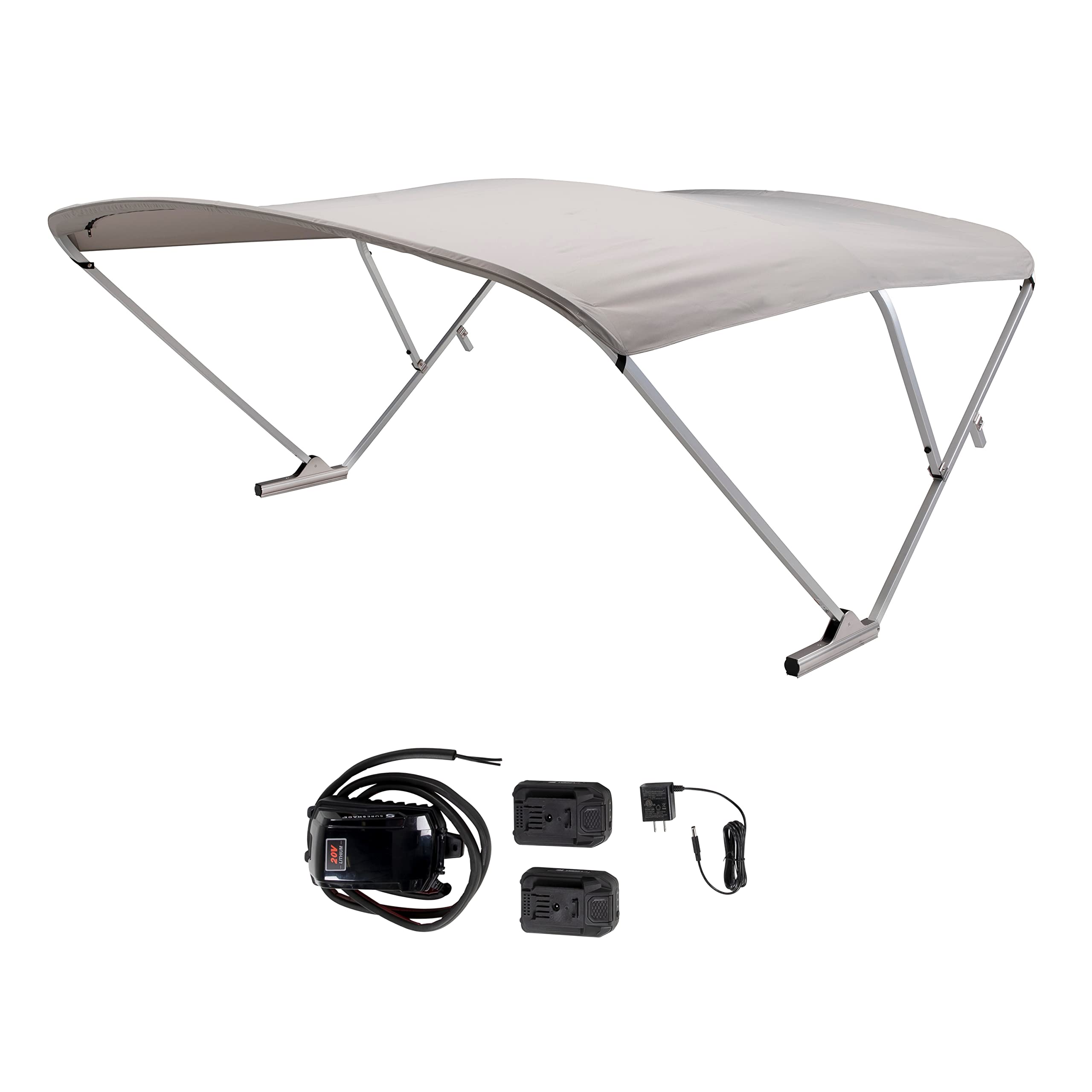 SureShade Electric Bimini Power Shade System for Pontoon Boats with Manual or No Biminis, 92-102" Wide, 20V Powered, Fade-Resistant Fabric, Clear Anodized Frame, Grey - 2021133092