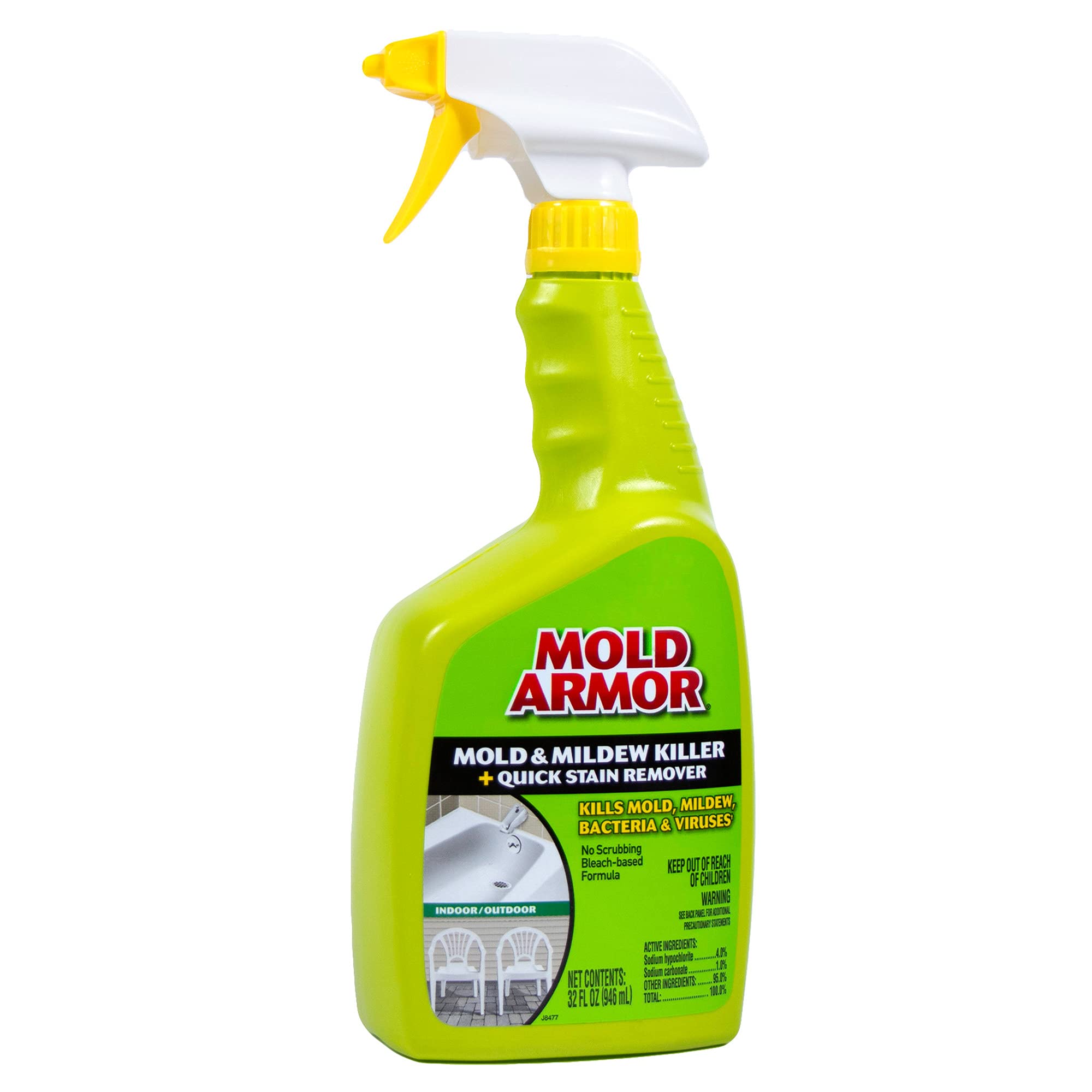 MOLD ARMOR Quick Stain Remover + Mold and Mildew Killer, 32 oz., Trigger Spray Bottle, Eliminates 99.9% of Household Bacteria and Viruses, Ideal Bathroom Mold and Mildew Remover