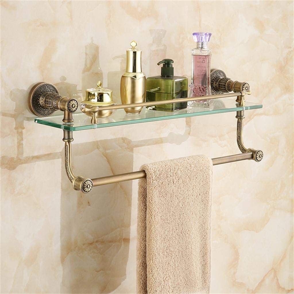 Singlelayer Retro Glass Bathroom Shelves With Towel Bar, Carving Design, Brushed Process, Wallmounted, 52 * 13cm Bathroom Shelf