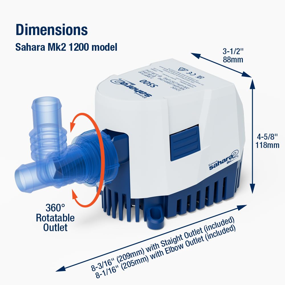 Sahara MK2 Attwood 5513-7 S1200 (24V), Automatic Bilge Pump, 1200 GPH, With Fittings (Elbow & Straight), Direct Replacement For Attwood 4512-1