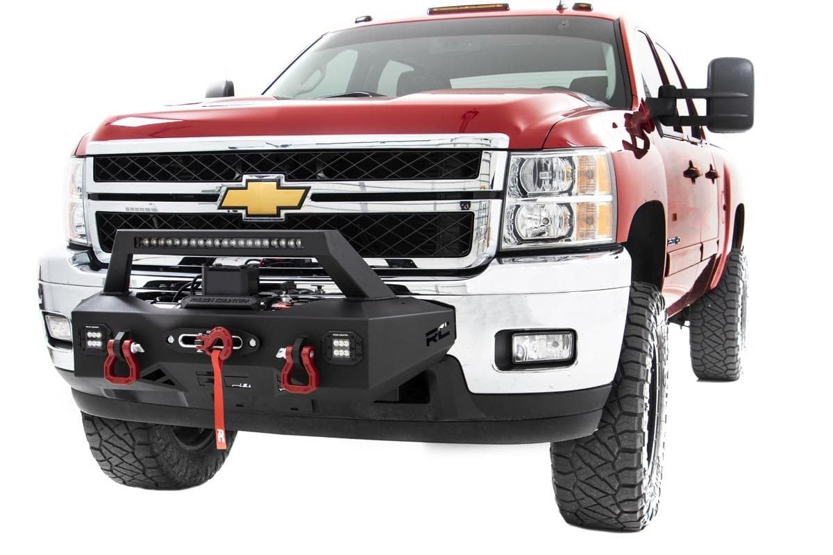 Rough Country Winch Mount System EXO for Chevy Silverado 2500HD/3500HD (2011-2019) - Includes 20-in LED Light Bar, Dual 2-in LED Cubes, D-Rings