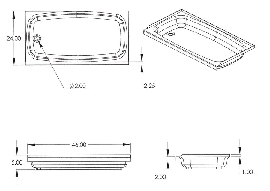24" x 46" Lippert Replacement White Bathtub with Left Drain, Scratch-Resistant ABS Acrylic for RVs, Travel Trailers, 5th Wheels, Motorhomes - W2446LHSPK