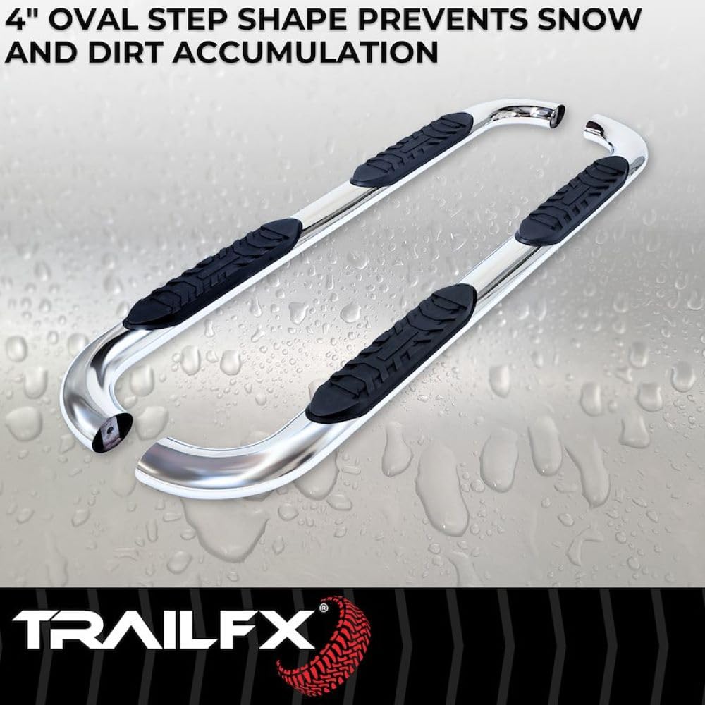 Toyota Tacoma Double Cab TrailFX Nerf Bars 2005-2023 Polished Marine-Grade Stainless Steel 4 Inch Oval Bent Side Steps with Slip-Resistant Step Pads Rocker Panel Mount Set of 2 Running Boards