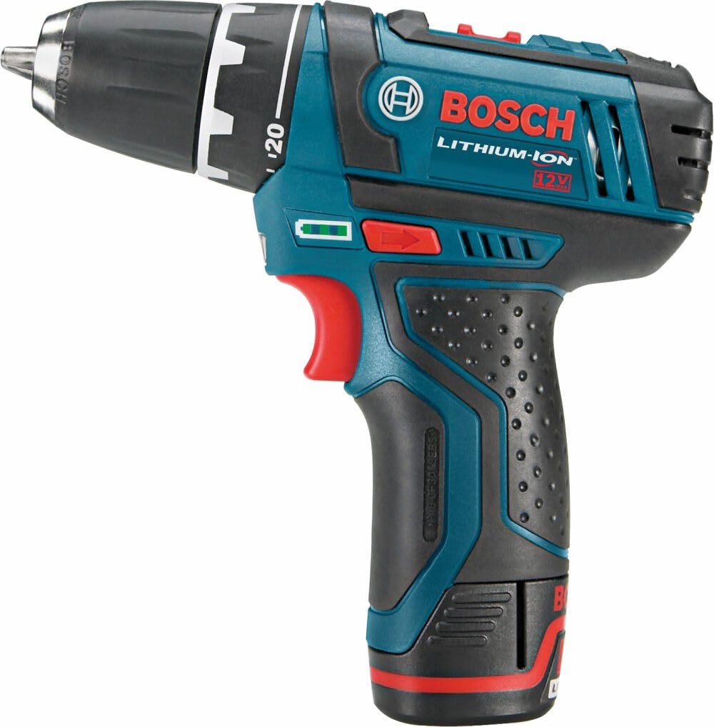 12V Max BOSCH PS31-2A 3/8 Inch Drill/Driver Kit with (2) 2 Ah Batteries and Charger, Variable Speed