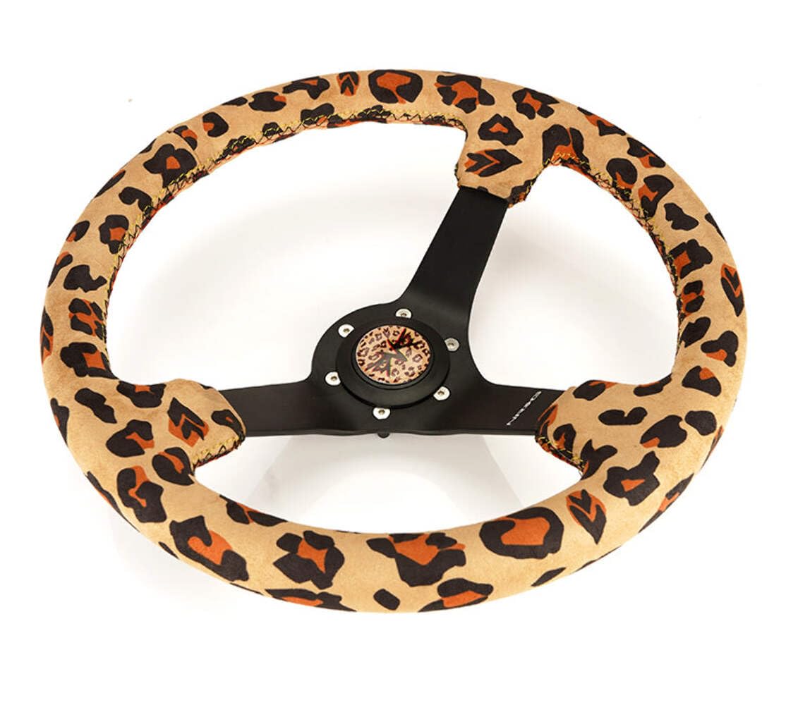 NRG Innovations Reinforced Sport NRG-RST-036MB-SV-BR Steering Wheel 350mm (3' deep) Savage Brown Leopard Printed Micro Fiber Vegan Material with Matte Black Spoke