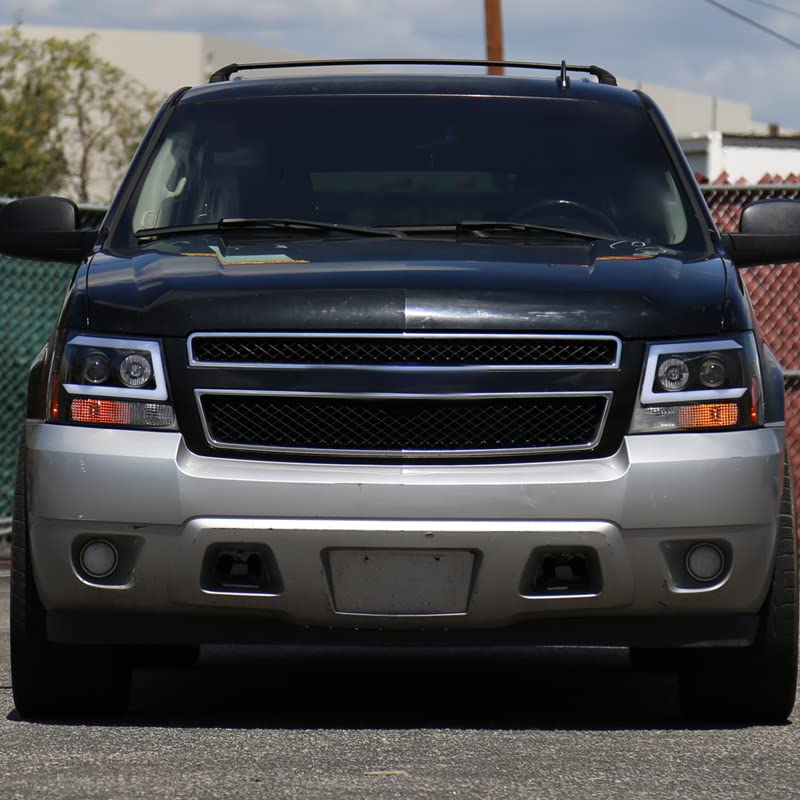 Black LED Bar Projector Headlights SPEC-D TUNING Compatible with 2007-2014 Chevy Avalanche, Tahoe, Suburban, Left + Right Pair Headlamps Assembly
