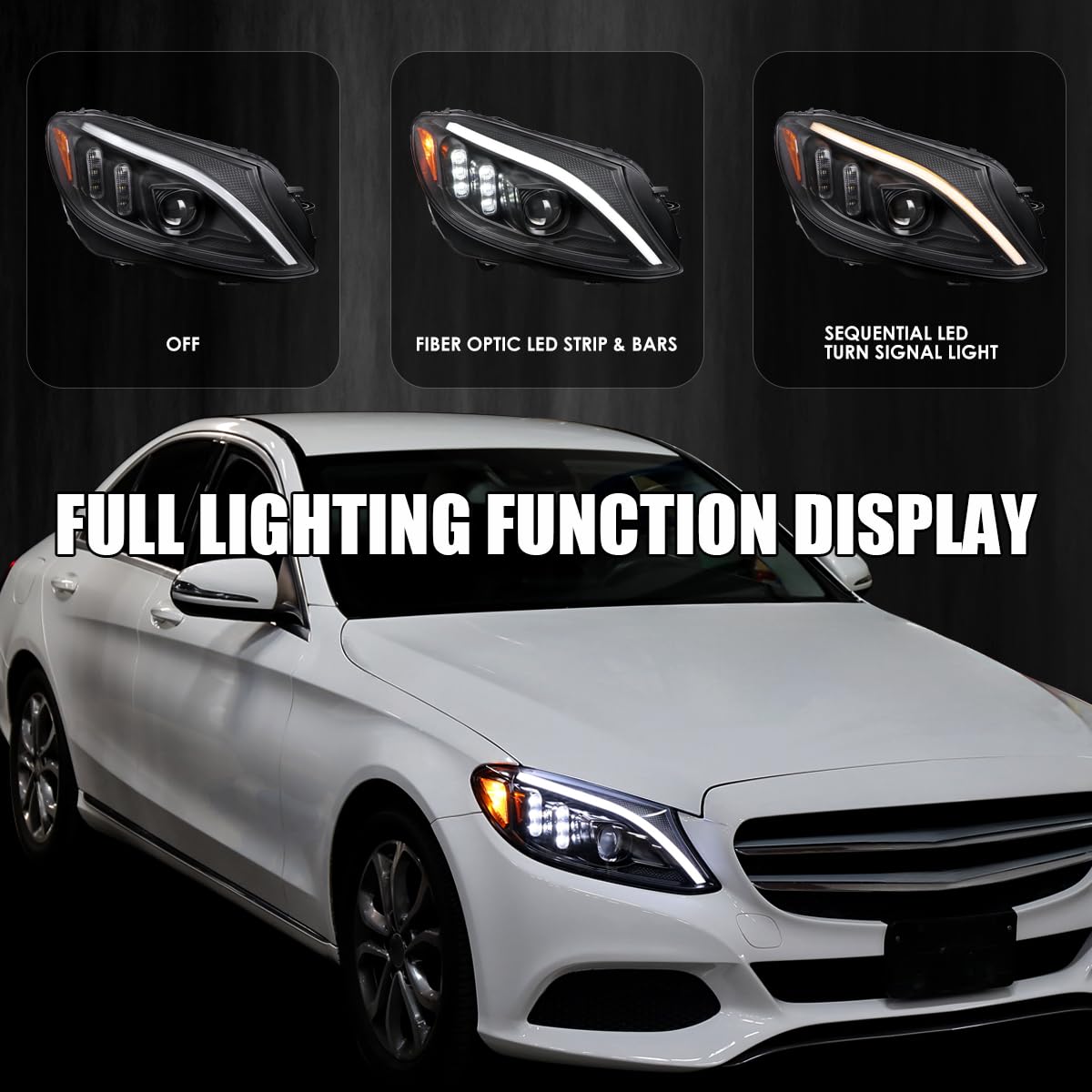 Black SPEC-D TUNING Projector Headlights w/Switchback LED Strips and Sequential Turn Signal Compatible with 2015-2018 Mercedes-Benz C-Class W205