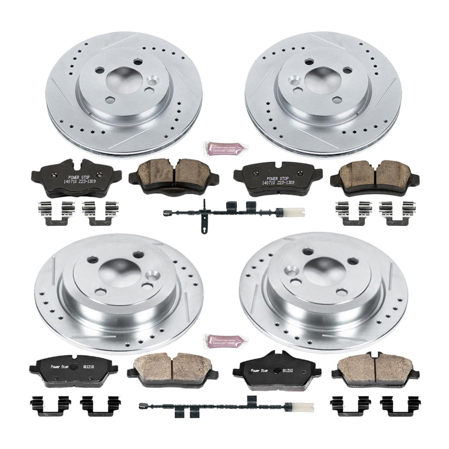 Power Stop K6740 Z23 Carbon Fiber Brake Pads Front and Rear with Drilled & Slotted Brake Rotors Kit and 1 Front & 1 Rear Sensor Wires For Mini Cooper 2011-2015 [Model Specific]