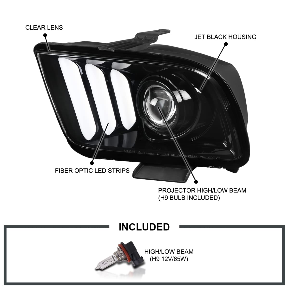Jet Black SPEC-D TUNING Projector Headlights w/LED Light Bar Compatible with 2005-2009 Ford Mustang, Left + Right Pair Headlamps Assembly