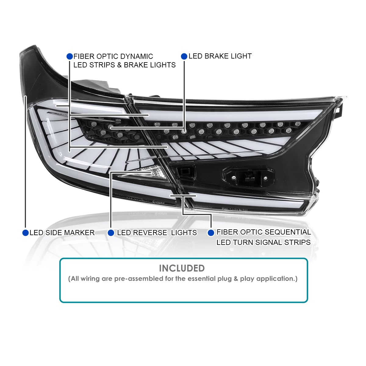 Black LED Sequential Tail Lights SPEC-D TUNING w/White Light Strips and Startup Animation Compatible with 2018-2022 Honda Accord 4Dr Sedan, Left + Right Pair Assembly