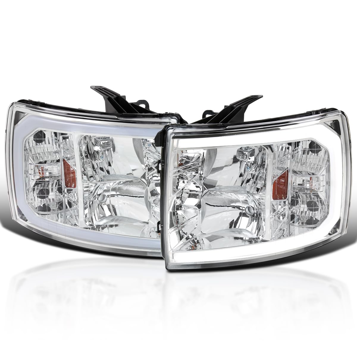 Chrome Headlights SPEC-D TUNING w/LED Strip Compatible with 2007-2013 Chevy Silverado 1500/2500HD/3500HD, Left + Right Pair Headlamp Assembly