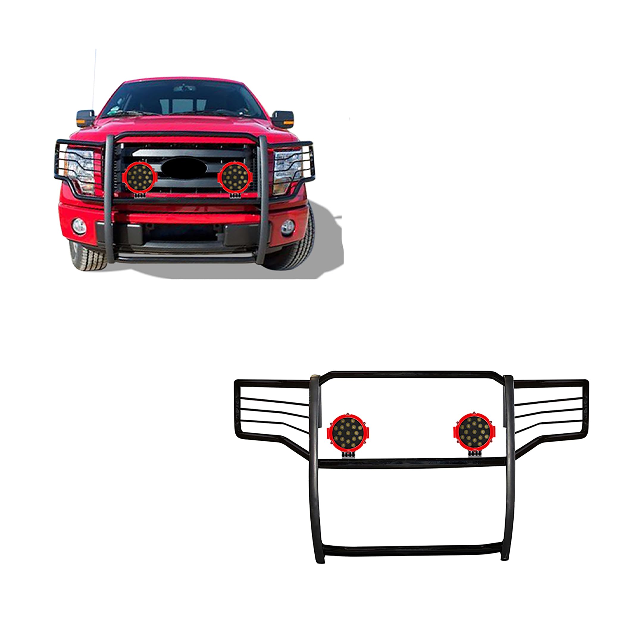 Bumper Guard Black Horse Grille brush Modular Come With pair of 7.0"Dia.LED Lights with Red Trim Rings Compatible with 2009-2014 Ford F-150-17FP30MA-PLR