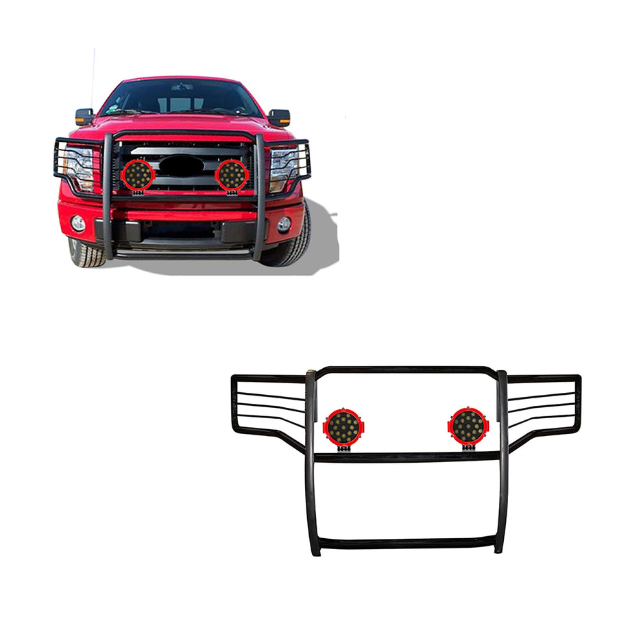 Bumper Guard Black Horse Grille brush Modular Come With pair of 7.0"Dia.LED Lights with Red Trim Rings Compatible with 2009-2014 Ford F-150-17FP30MA-PLR