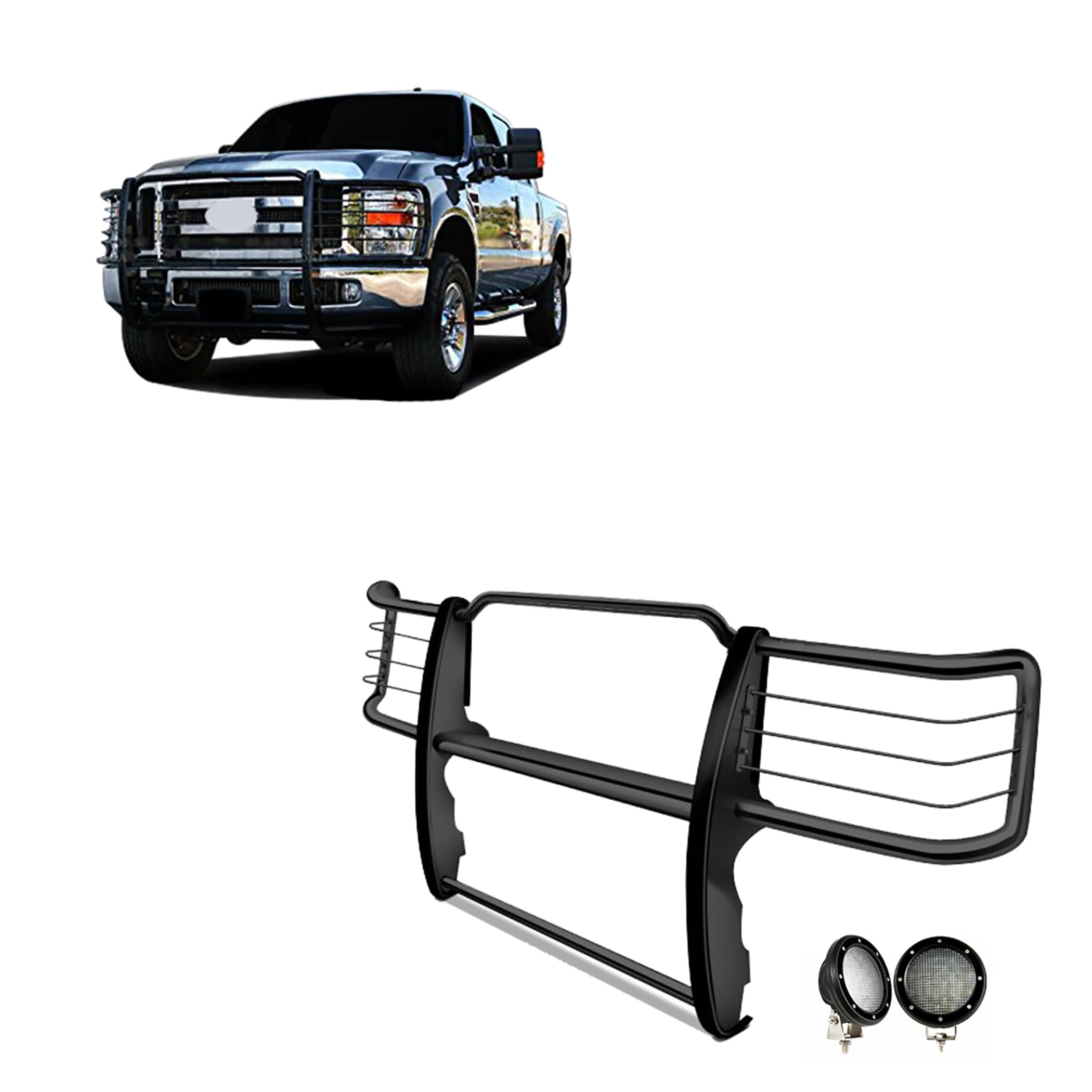 Grille Brush Black Horse Bumper Guard Modular Come with Pair of 5.3" Dia.LED Lights with Black Trim Rings Compatible with 2011-2014 Silverado 2500 HD|2011-2014 Silverado 3500 HD-17GT26MA-PLFB