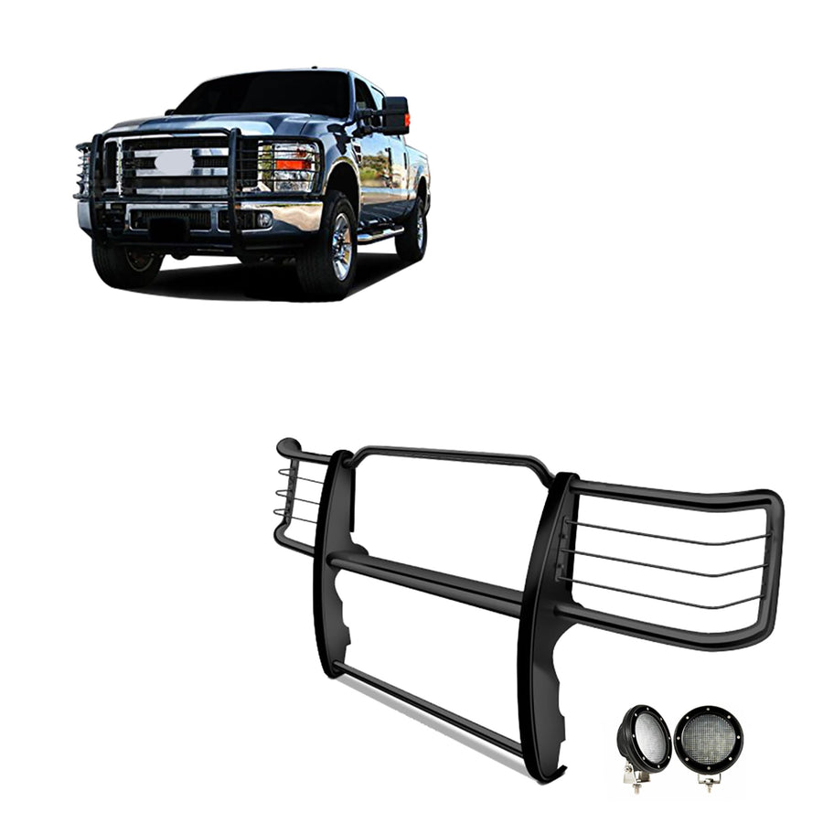 Grille Brush Black Horse Bumper Guard Modular Come with Pair of 5.3" Dia.LED Lights with Black Trim Rings Compatible with 2011-2014 Silverado 2500 HD|2011-2014 Silverado 3500 HD-17GT26MA-PLFB
