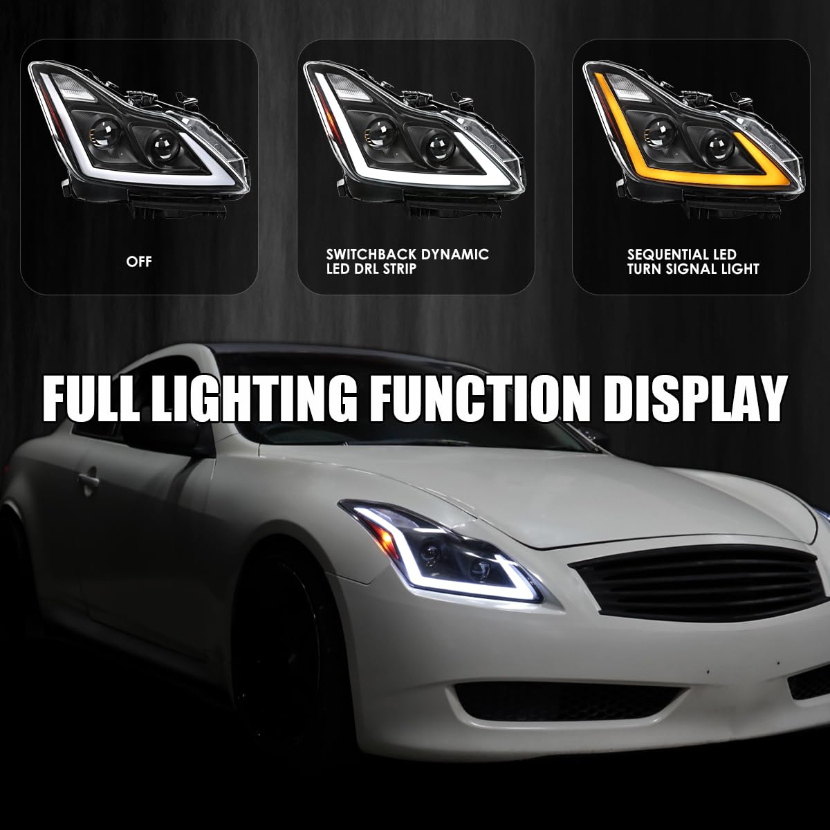 Black SPEC-D TUNING Projector Headlights w/LED Sequential Turn Signal and Startup Animation Compatible with 2008-2015 Infiniti G37, Q60 2DR Coupe, Left + Right Pair Headlamp Assembly
