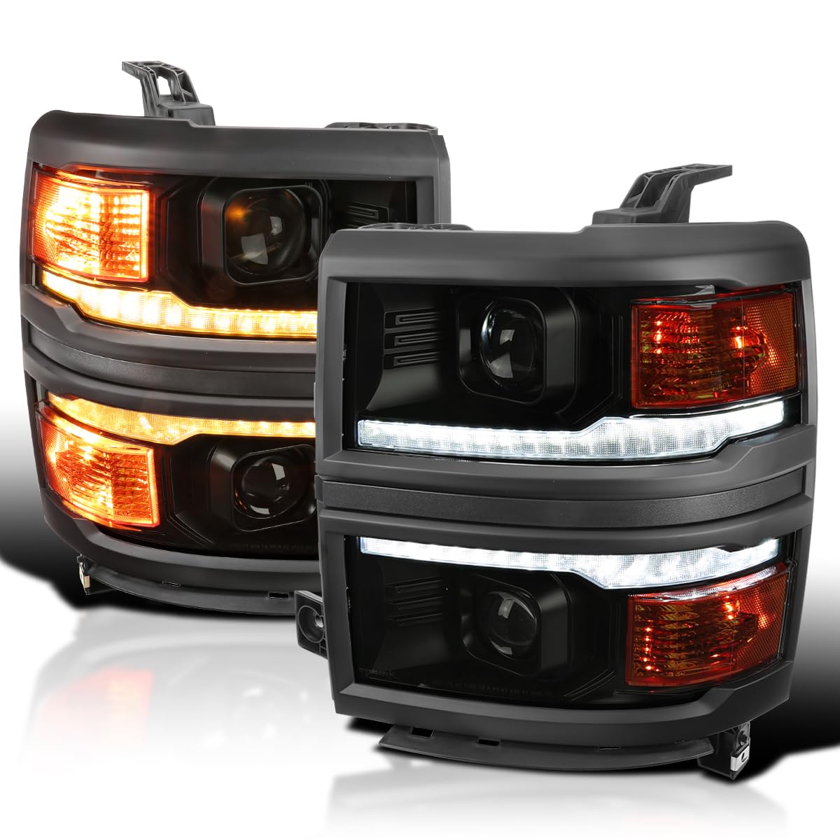 Black Smoke SPEC-D TUNING w/Black Trim Projector Headlights w/Sequential Switchback LED Strip and Startup Animation Compatible with 2014-2015 Chevy Silverado 1500, Left + Right Pair Headlamps
