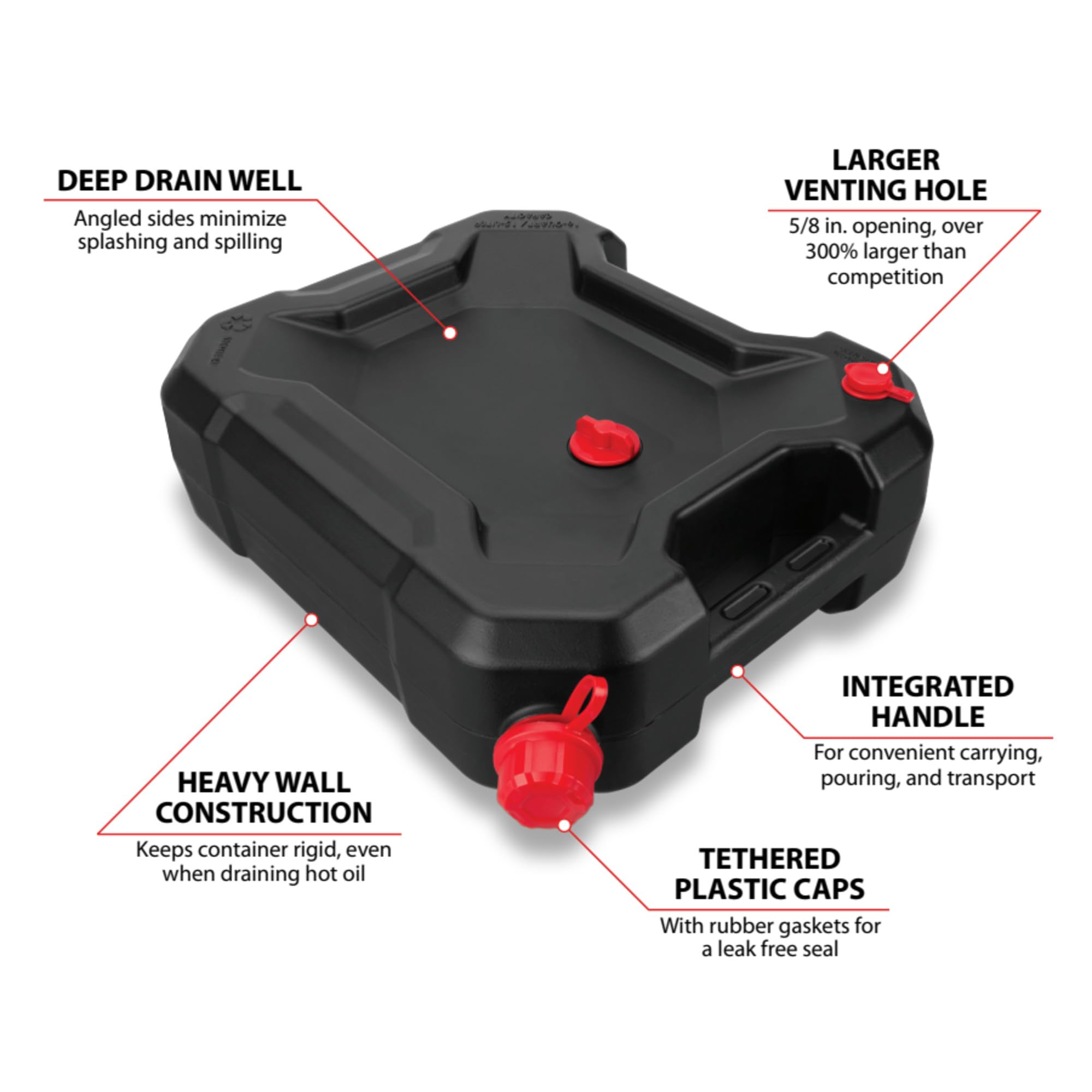 24-Quart Performance Tool W4078 Oil Drain Container, Deep Drain Well, Integrated Handle, Sealing Rubber Gaskets, Black