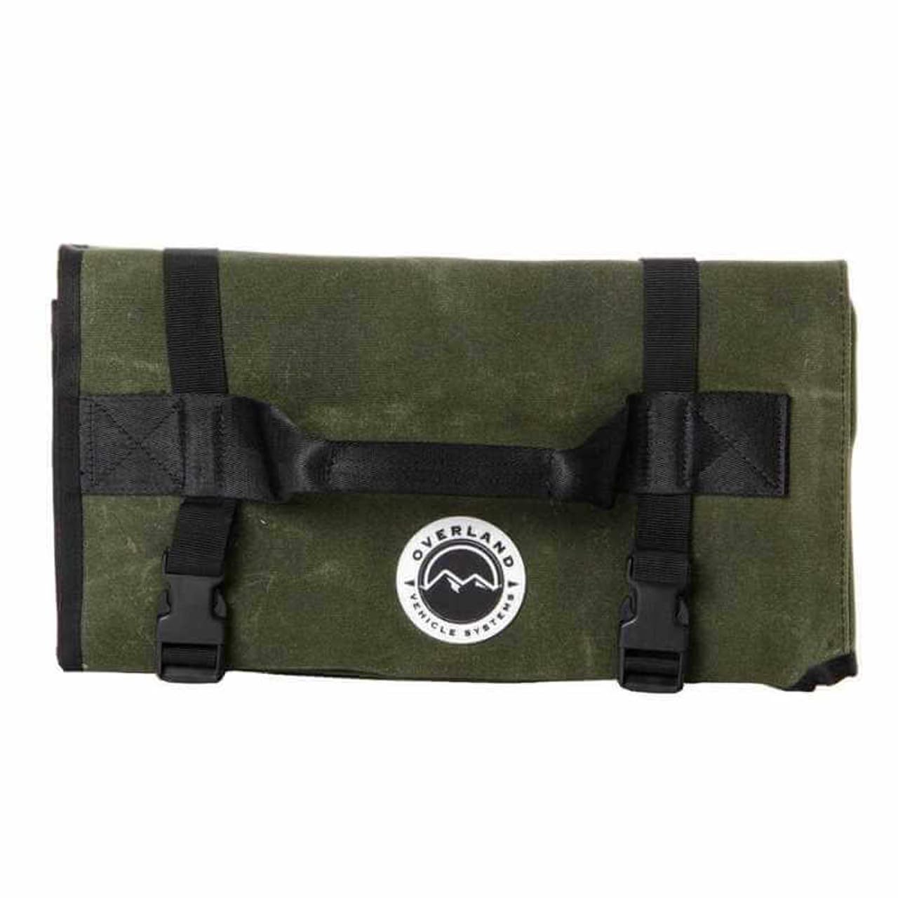 Overland Vehicle Systems General Tool Storage Bag Rolled - #16 Military Style Waxed Canvas - 19 Storage Pockets - Infused with Paraffin Wax Waterproofing