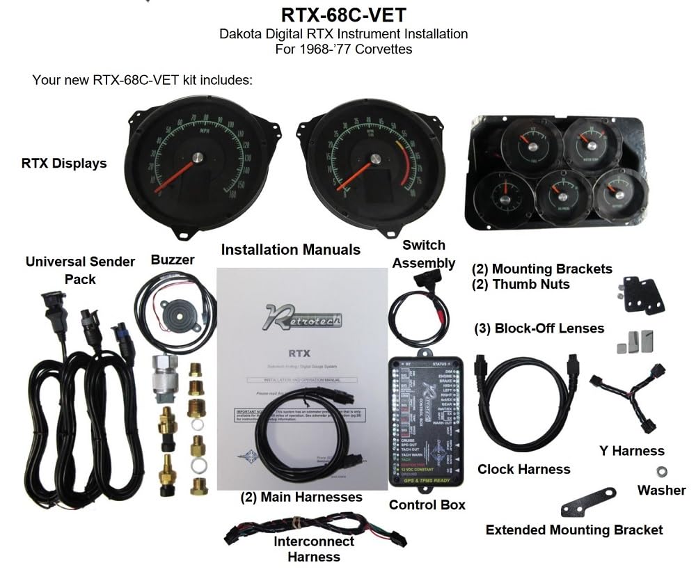 Dakota Digital Retrotech Gauge RTX-68C-VET-X Instrument System Compatible with 1968-77 Chevy Corvette