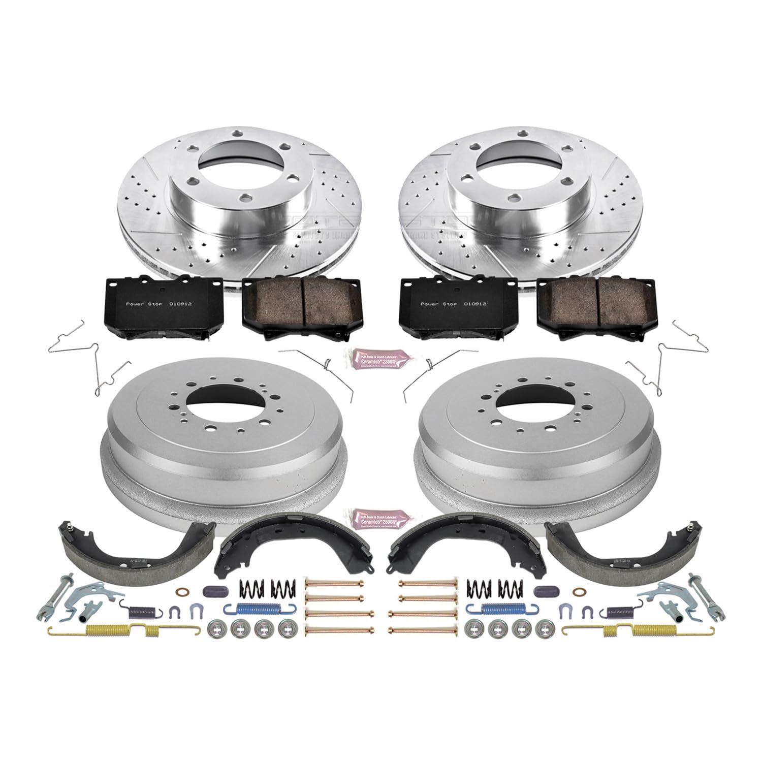 Power Stop K15099DK Z23 Carbon Fiber Brake Pads Front and Rear with Drilled & Slotted Brake Drums Kit For Toyota Tundra 2000-2002 [Model Specific]